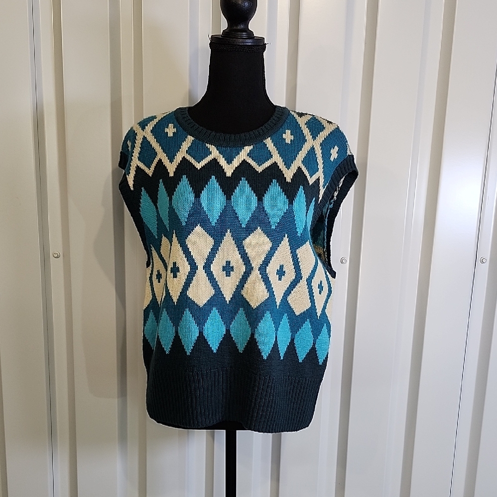 Tyler Boe Diamond Pattern Sweater Vest Teal and Cream Size Med Wool Acrylic